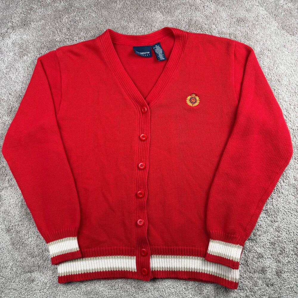 Liz Claiborne LizSport Size XL Red Cardigan Sweater Varsity Stripe Crest Y2K
